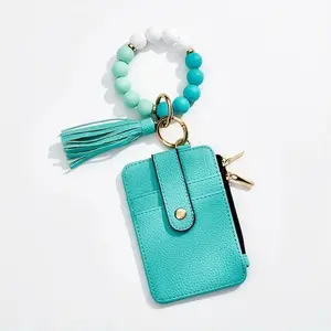 1PC Minimalist Marble Silicone Bead Keychain Wristlet with Wallet, Aesthetic Western Card Holder Bracelet Key Ring, Hands-Free Zipper Purse, Perfect Practical Gift for Mom & Friends