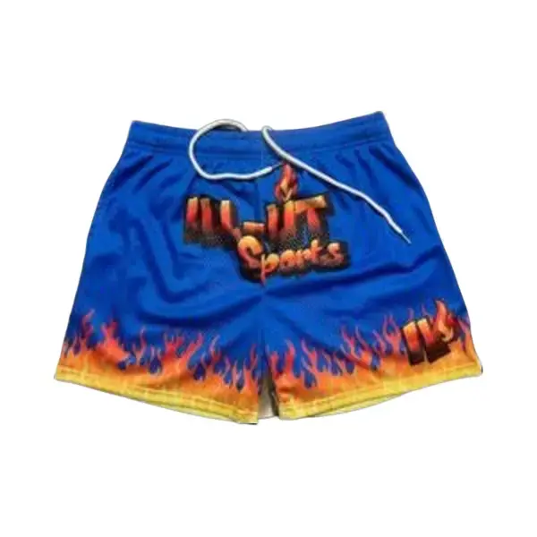 ILL LIT SPORTS BLAZIN BLUE Shorts with Flame Design Drawstring Waist Quick Dry Breathable Waterproof Athletic Mesh Shorts for Sports and Casual Wear