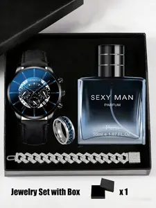 Luxury Gift Set with Large Watch , Cuban Bracelet & Ring, Punk Style Quartz Men's Watch, Perfect Birthday Gift, Ideal for Boyfriend