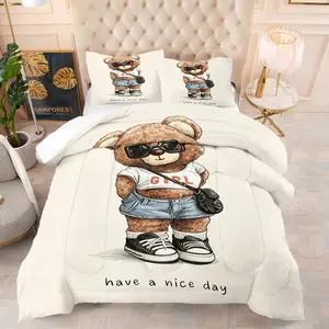 Fashionable and cute cartoon teddy bear printed pattern bedding set, including 1 blanket and 1 or 2 pillowcases without pillowcases, soft children's and adult bedroom decoration gifts
