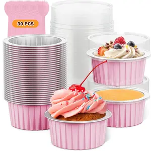 30 Pcs Mini Cake Pans with Lid, 5oz Round Aluminum Foil Baking Cups, Disposable Individual Aluminum Foil Cake Cups, Dessert Containers at Birthdays, Weddings, Parties, Sales Events and Picnics