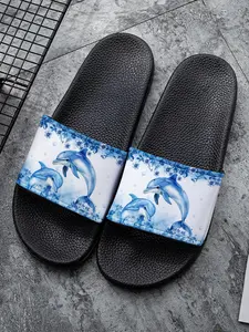 Blue Dolphin Family PVC Slippers for Sea Lovers, Watercolor Ocean Art Print, Comfortable Non-Slip Indoor Outdoor Slides, Marine Life Bathroom Sandals
