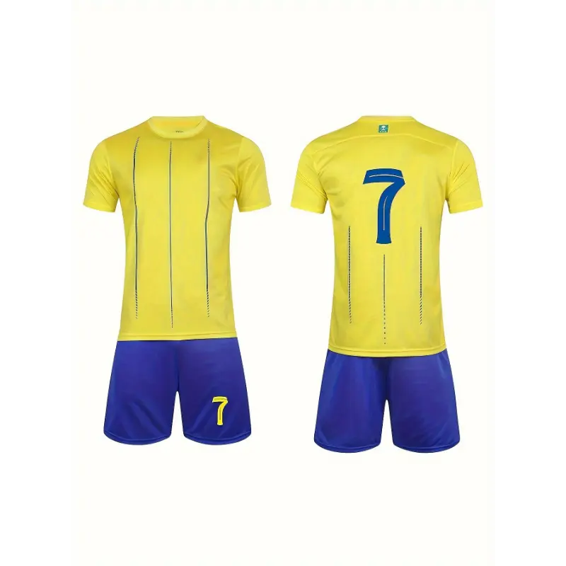 Unisex #7 Yellow Striped 100% Polyester Soccer Jersey Set - Slight Stretch Fabric, Regular Fit, Multi-Size Professional Athletic Wear for Youth Team, Hiking, Outdoor Sports; Dry Clean, Hand Wash Only, Team Sports, Training