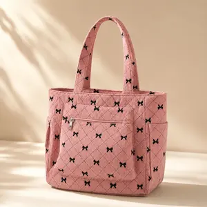 Trendy Korean Style Corduroy Tote Bag for Women | New Summer 2026 Diamond Print Shoulder Purse with Cute Bowknot | Aesthetic Versatile Handbag Perfect for College Work Commuting Everyday Casual Wear | Coquette Fashion Gift for Her