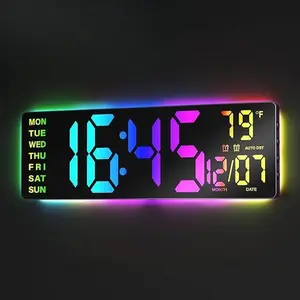16.5"&12" Large Digital Wall Clock with Remote Control, RGB Atmosphere Lights with 11 Scenes Mode, Dual Alarms with Big LED Display, Livingroom, Teacher Classroom, Office, Game Auto Dst Adjustment Timer Clock for ADHD&Autism, Christmas Gift