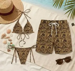 Brown Camo Matching Couple Swimsuits Set, BF and GF Matching Swimsuits, BF and GF Swimsuits, Panther Pattern Printed Bikini Set for Women, Swimwear Set for Couples, Couple Trendy Bikini And Hawaii Short, Summer Beach Vacation Outfit "