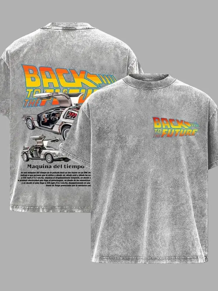 Men's Vintage Sci-Fi 'Back to the Future' DeLorean Graphic Tee - Double-Sided Oversized 100% Cotton Distressed Light Gray T-Shirt, Retro Streetwear Casual Top Drape Day