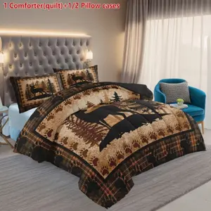 Cute Deer Print Quilt Set, Room Decoration, Country Vintage Style, Includes 1 Quilt and 2 Pillowcases, Perfect for Bedroom Decor