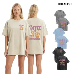 Holafish Oversize Acid Wash Vintage "Iced Coffee & Sunshine" Graphic T-Shirt, 2026 New Colors, Coffee Lover Casual Printed Tee, Heavyweight Cotton Unisex Crewneck Vintage Streetwear Tshirt outdoorfun