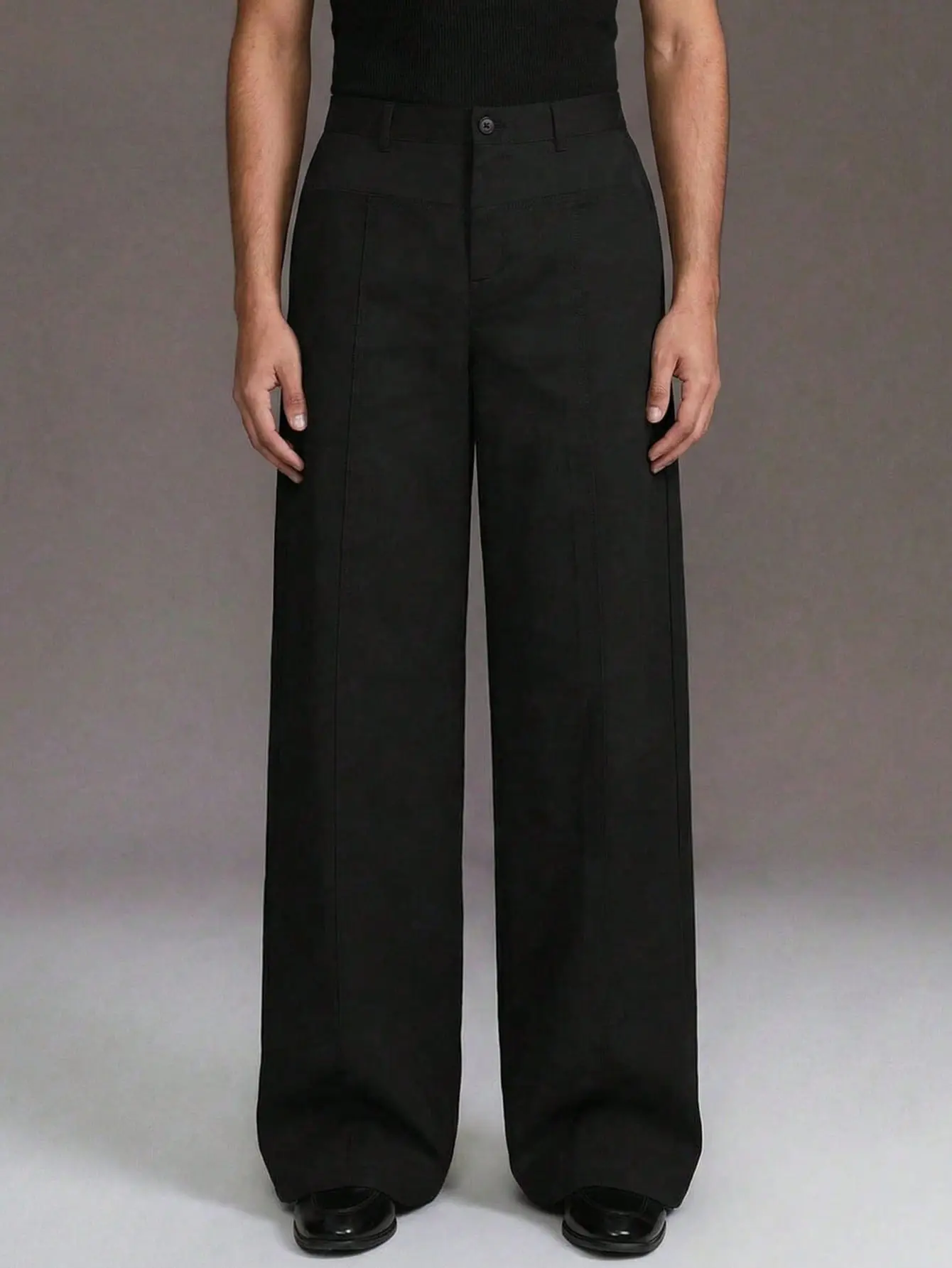 Unisex Black High Waisted Wide Leg Pants – Smooth, Wrinkle Resistant Fabric, Button Closure, Center Seam Construction, Relaxed, Full Length Drapey Fit, American Cleanfit Minimalist Pants for Commuting & Streetwear