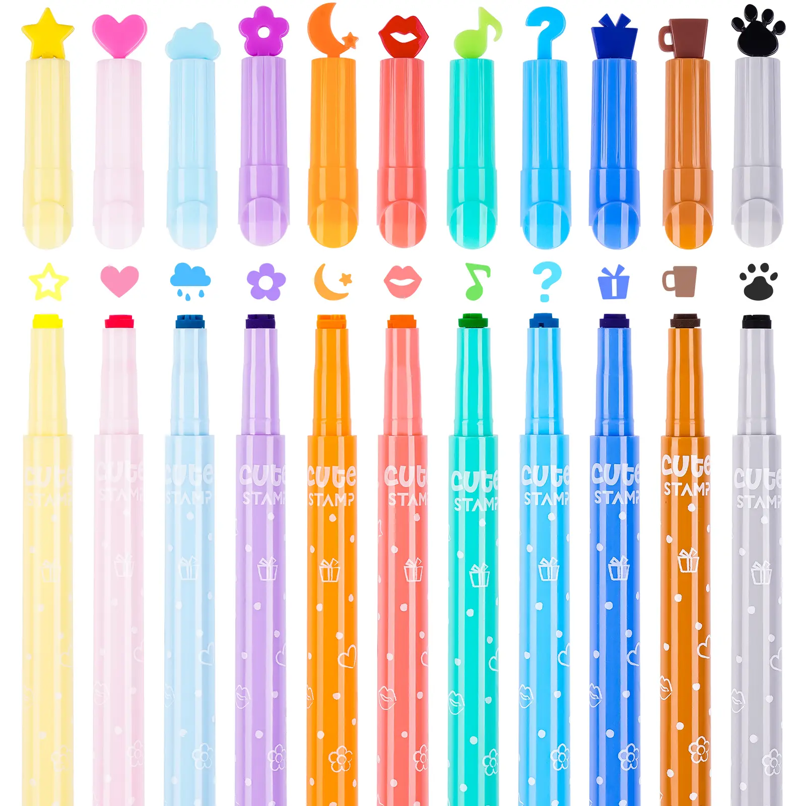 NiArt 11-Pack Colorful Anti-Drying Highlighter Markers with Mini Self-Inking Stamper Tips - Office Stationery for Scrapbook, School Students, Adult Coloring, Drawing, Journaling, with Coffee Mug, Lips, Music Note Designs