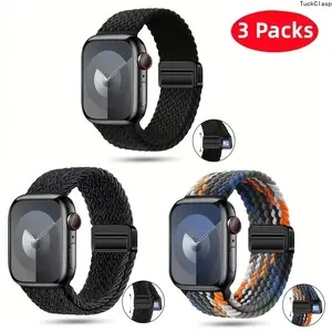 3-Pack Braided Nylon Watch Bands with Magnetic Buckle – Elastic Solo Loop Style, Fits Apple Watch 38–49mm (Series 1–10, SE, Ultra/Ultra 2), Great for Spring & Summer Rotation