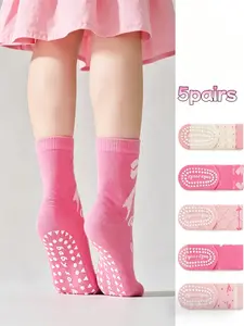 5 Pairs Heart Pattern Girls' Crew Socks, Fashionable Long Socks with Large Heart Balloon Design, Breathable Kids' Socks for All Seasons