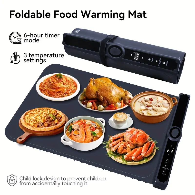 Yoomue Food Warming Pad, Made Of Silicone, with 3 Temperature Levels And 6-hour Timing Function, Electric Heating Pad with Full Surface Rapid Heating Function, Foldable Food Warming Tray for Buffet Party Kitchen Countertop