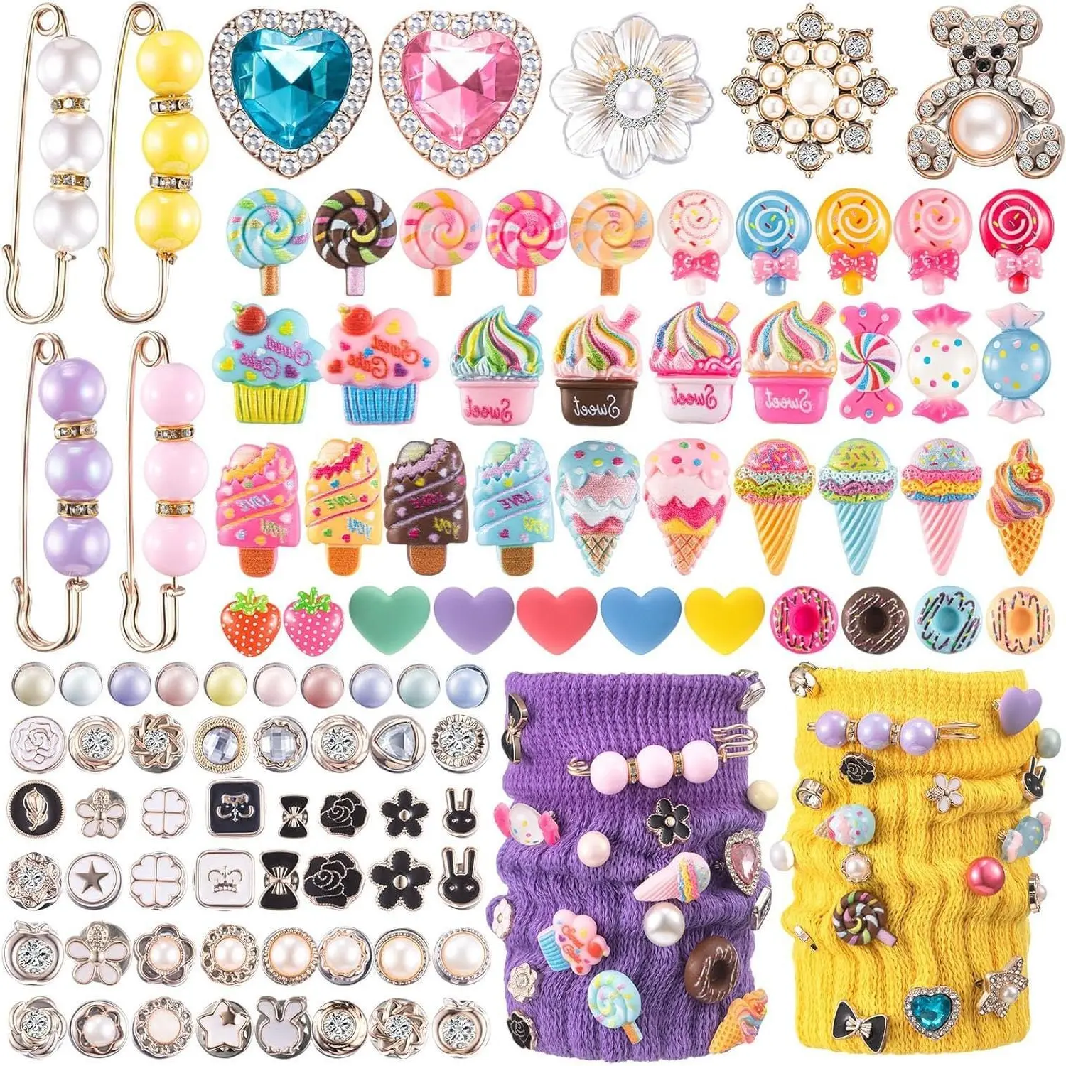 X-BY58 100 Pcs Vibrant Bright Colors Alloy Candy-Themed Charms Set - Animals, Beads, Floral, Lollipop, Ice Cream, Donut, Pearl, Radiant Crystals Sock Pins Brooches for Jewelry Making DIY Hat Clothes Decoration