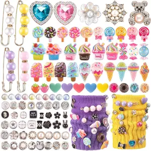 X-BY58 100 Pcs Charms for Socks Set Candy Themed Accessories Cute Candy Pearl Rhinestone Brooch Pins Bulk Colorful Lollipops Ice Cream Donuts Charms Brooch Kit for DIY Hat Clothes Party Decoration