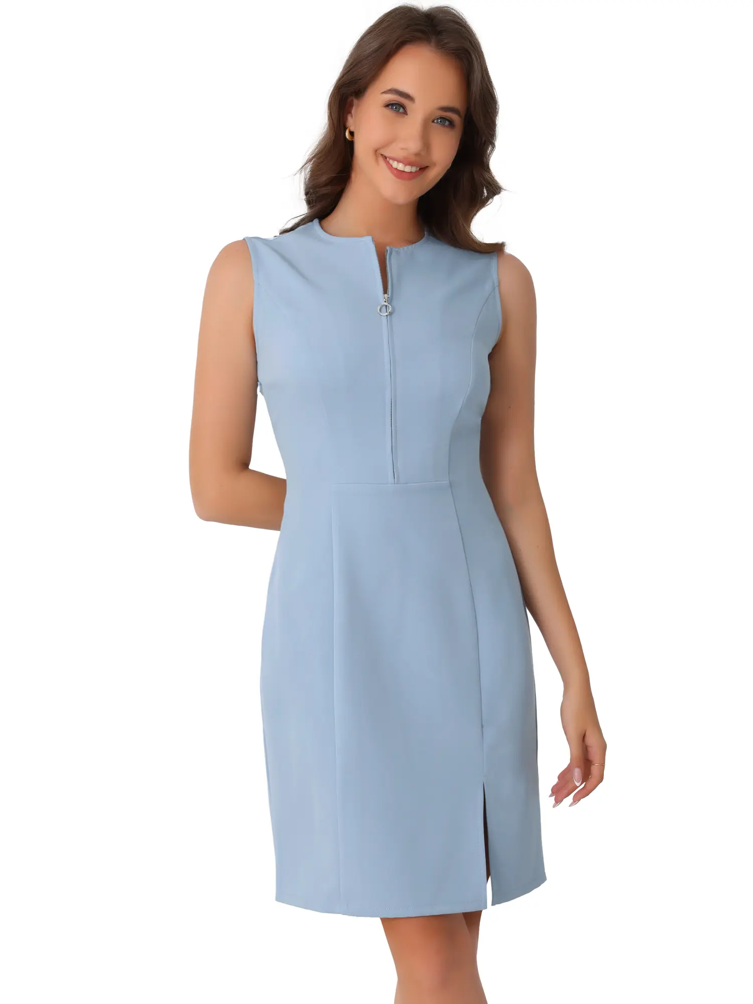 INSPIRE CHIC Women's Crew Neck Slit Teacher Office Mini Dress Sleeveless Work Dresses