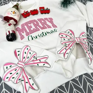 Pinky Merry Christmas Side Bow Embroidered Sweatshirt, Glitter Christmas Sweatshirt, Side Bow Applique Hoodie, Christmas Bow Shirt, Holiday Apparel