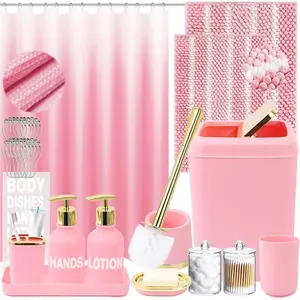 25PCS Pink Bathroom Accessories Sets Complete, with Shower Curtain, Rugs, Trash Can and Toilet Brush, Toothbrush Holder and Cup, Soap Dispenser, Soap Dish, Qtip Holder, Bathroom Decor Sets