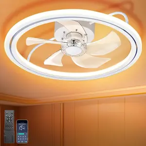 20" Low Profile Flush Mount Bladeless Ceiling Fan with Light, Fandelier, Quiet DC , App and Remote Control, Dimmable LED Light, Enclosed Fan for Bedroom Bunk Bed  Room, White