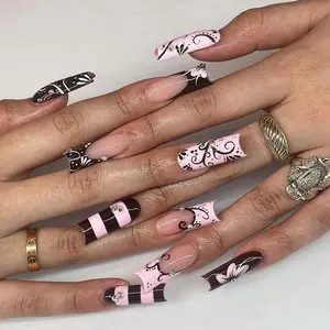 Pink Brown Striped French Press On Nails, Flower Nails, Brown Glitter Nail Art, Gold Chrome Press On Set