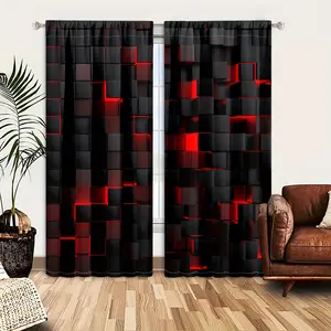 2 pieces, 3D gradient design abstract red and black printed curtains, futuristic geometric cube design, pole pocket style, semi sunshade, suitable for home living room, bedroom, balcony, kitchen, study and shower room window decoration, easy to clean.
