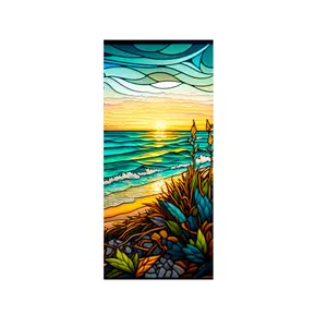 40 * 100cm Non-Adhesive Removable Colorful Seaside Sunset Window Sticker, Window Privacy Film Stained Decals Static Cling, PVC Stained Glass Window Film for Window Glass Decorations