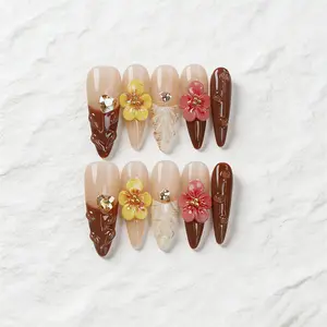 Cozy Fall Chocolate Nails | 3D Flower Rhinestone Stiletto Press Ons