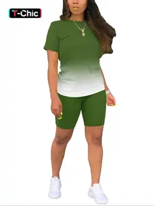 Two-piece Set Women's Colorblock Tee & Shorts, Casual Round Neck Fitted Short Sleeve T-shirt & Shorts, Ladies Summer Clothes