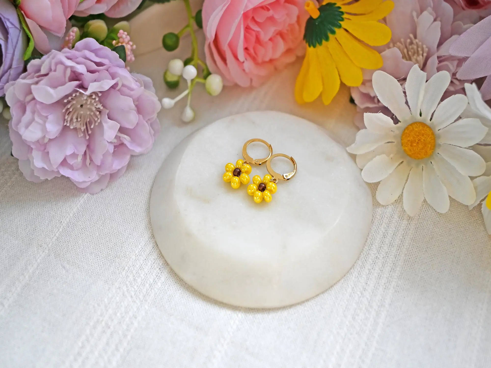 Handmade Beaded Sunflower Earrings with 18K Gold-Plated Hooks Yellow Czech Glass Beads for Spring Summer Outfits