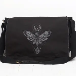 Black Canvas Messenger Bag - Moth Moon and Rock - Messenger Bag Women/Men - Vintage Messenger Bag Woman - Black Messenger Bags for School