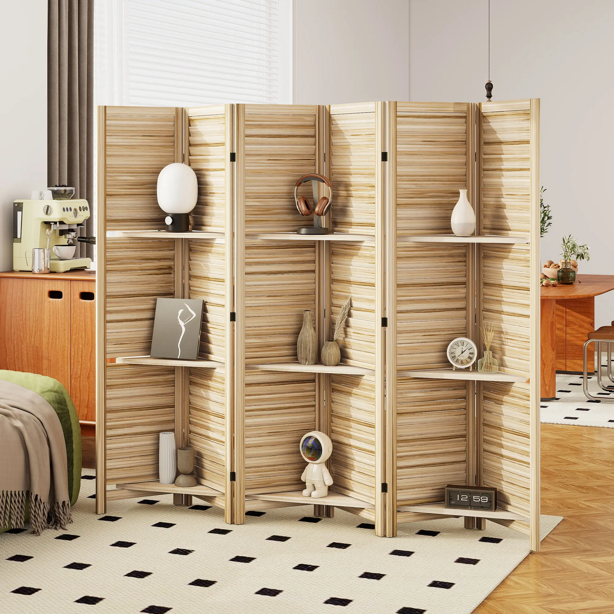 Natural Wood 6-Panel 67" Tall Room Divider, Indoor Privacy Screen with 3 Shelves and Folding Storage for Bedroom