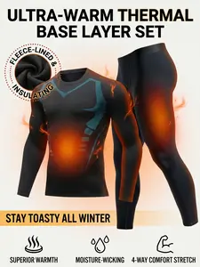 Men's Two-Piece Thermal Base Layer Set—Fleece-Lined, Warm and Cold-Resistant Winter Compression Wear—Moisture-Wicking Long-Sleeve T-Shirt and Compression Pants—Ideal for Skiing and Outdoor Training in Cold Weather