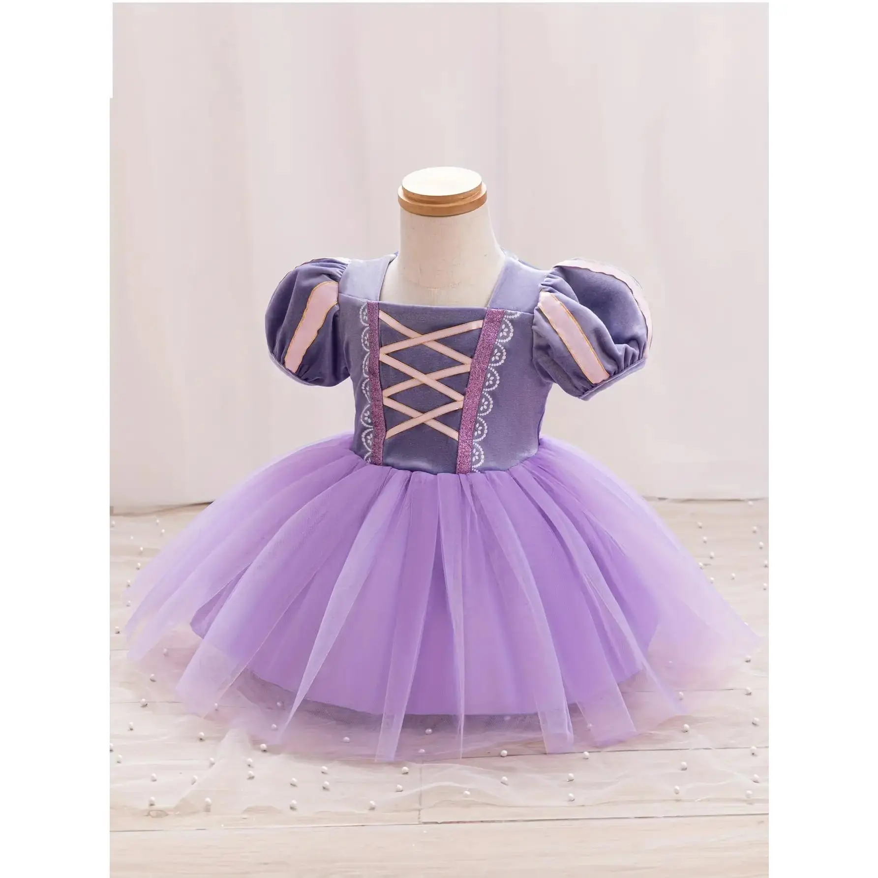 Cute Sofia 1/2 Princess Dress for Girls, Patterned, Slight Stretch, All-Seasons, Regular Fit, with Purple Tutu and Embroidery