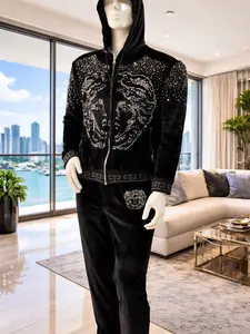 Men’s Luxe Black Velvet Rhinestone Tracksuit – Silver Medusa Edition