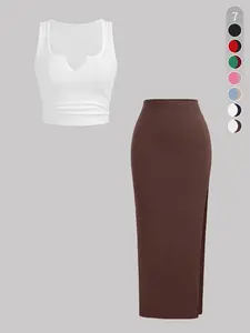 Two-Piece Set Women's Minimalist Basic Solid Ribbed Tank Top & Side Slit Skirt, Casual Sleeveless Top & Long Skirt for Summer, Ladies Clothes for Daily Wear