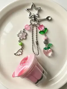 Japanese Pudding Keychain, Pink Yellow Egg Flan Charm, Y2K Heisei Retro Aesthetic Beaded Accessory