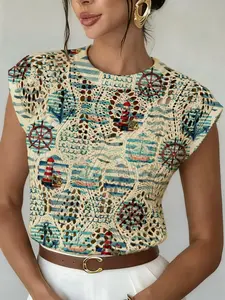 Women's Vintage Nautical Style Colorblock Hexagon Patchwork Wave Lighthouse Sailboat Print Round Neck Sweater, Casual Knit Top for Spring Summer Fall