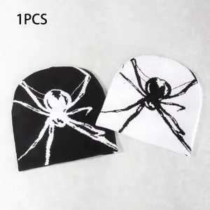 Spider Pattern Knit Beanie, Unisex Gothic Aesthetic Streetwear Hat, Warm Casual Winter Headgear, Bold Spider Design Print, All-Season Fashionable Accessory