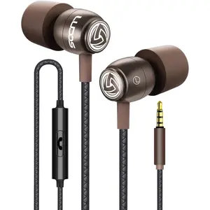 LUDOS Clamor Wired Earbuds In-Ear Headphones, 5 Years Warranty, Earphones with Microphone, Noise Isolating Ear Buds, Memory Foam for Iphone, Samsung, School Students, Kids, Women, Small Ears - Brown LUDOS