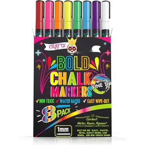 Bold Chalk Markers - Dry Erase Marker Pens - Liquid Chalk Markers for Chalkboards, Signs, Windows, Blackboard, Glass - Reversible Tip (8 Pack) - (Multicolored, 1mm)