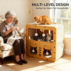 Multi-Level Cat Scratcher House with Hanging Ball Toys, 3-in-1 Corrugated Cat Bed for Indoor Cats, Durable Cardboard Cat Hideout for Multi-Cat Households, Scratch-Resistant ， cardboard cat house, cat toys for boredom