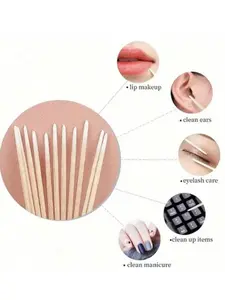 100pcs Double-Headed Wooden Makeup Swabs, dual-tipped for lash glue removal & precise beauty use. Soft pink, ideal for nail art, press-on nails, manicure pedicure, and back-to-school supplies.