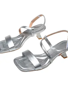 Silver Color Square Toe High Heel Sandals, Metal Style Open-Toe Shoes, Fashionable Low Heels for Office & Parties, Summer Chic Look