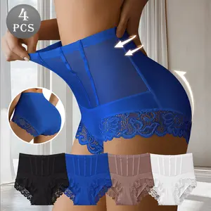 QUASTI 4PCS Women's High Waisted Lace Panties, Breathable Skin-Friendly Minimalist Semi-transparent Sexy Briefs, Fashion Tummy Control Lightweight Full Coverage Hip Lifting Underwear, Daily Wear, S-XXL