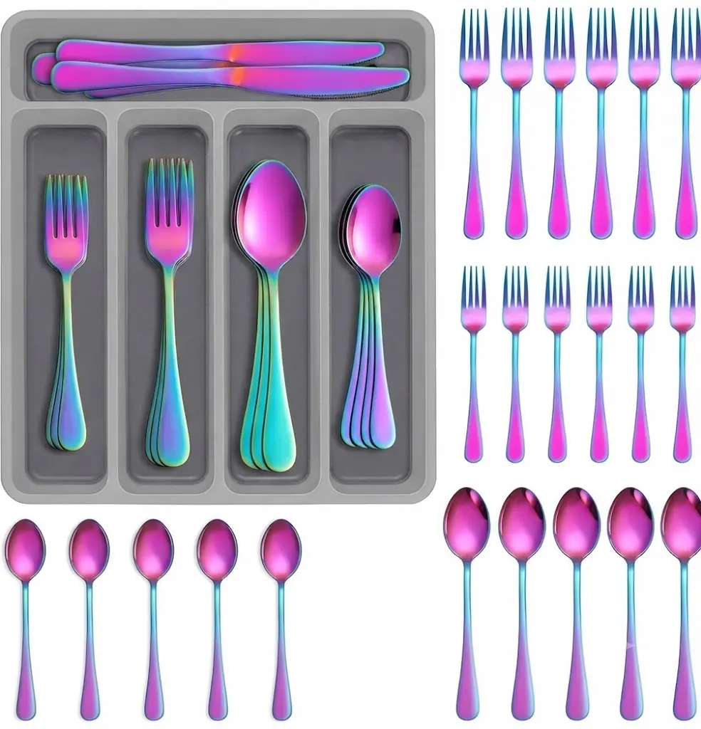 60pcs Colorful Rainbow Stainless Steel Silverware Set with Organizer, Including  Knife, Fork, Spoon Set, Tableware Cutlery Set for 12, Eating Utensils  Flatware Set for Wedding, Kitchen, Dinnerware Service Set, Dishwasher Safe