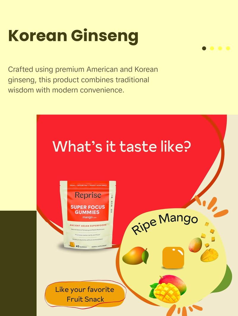 Super Focus Gummies for Adults | American & Korean Ginseng with Reishi Mushroom extracts | All Natural Gummies for Focus, Mood, and Energy | Mango Flavored | 45 Count