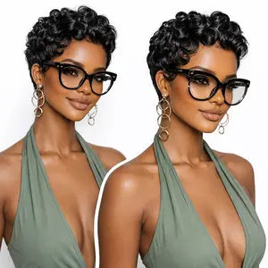 Glueless Short Pixie Cut Human Hair Wig for Black Women, Finger Wave Non-Lace Wig, Natural 1B Black