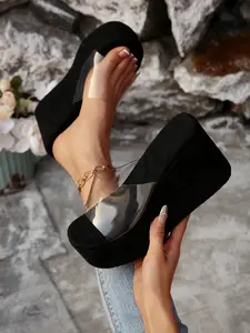 Women's Transparent High Heel Sandals New Summer Wedge Slippers One Strap Thick Sole Outdoor Small Size Slip-On Shoes
