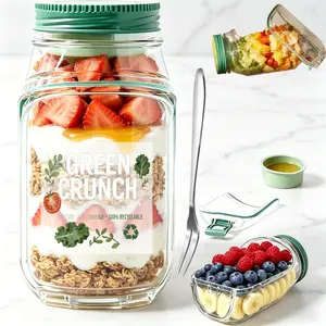 Salad Jar Side Open-Salad Jar Built-in2.5oz Dressing Container with Cover,Leak-proof Portable Jar,Microwave,Dishwasher&Freezer Safe,Reusable,Leakproof Portable Salad Container,Lid-to-Bowl Design,Dishwasher&Freezer Safe for for Office,Gym,Travel,Picnic